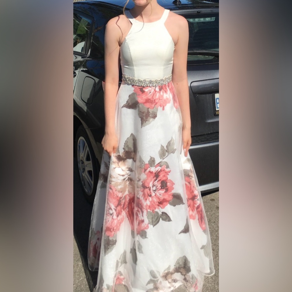Le Chateau White and Pink Floral Formal Dress